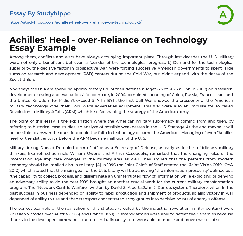 Achilles’ Heel – over-Reliance on Technology Essay Example