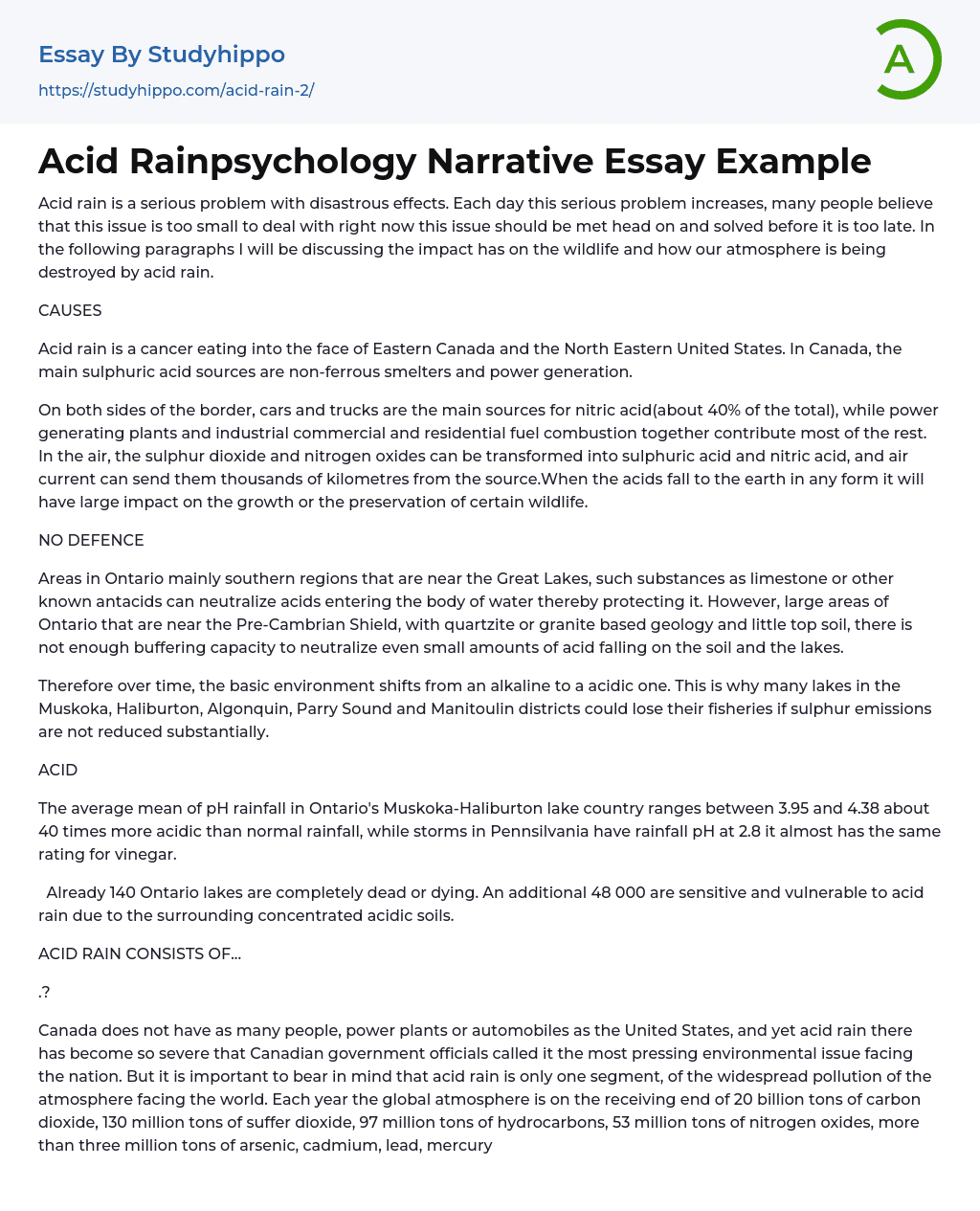 Acid Rainpsychology Narrative Essay Example