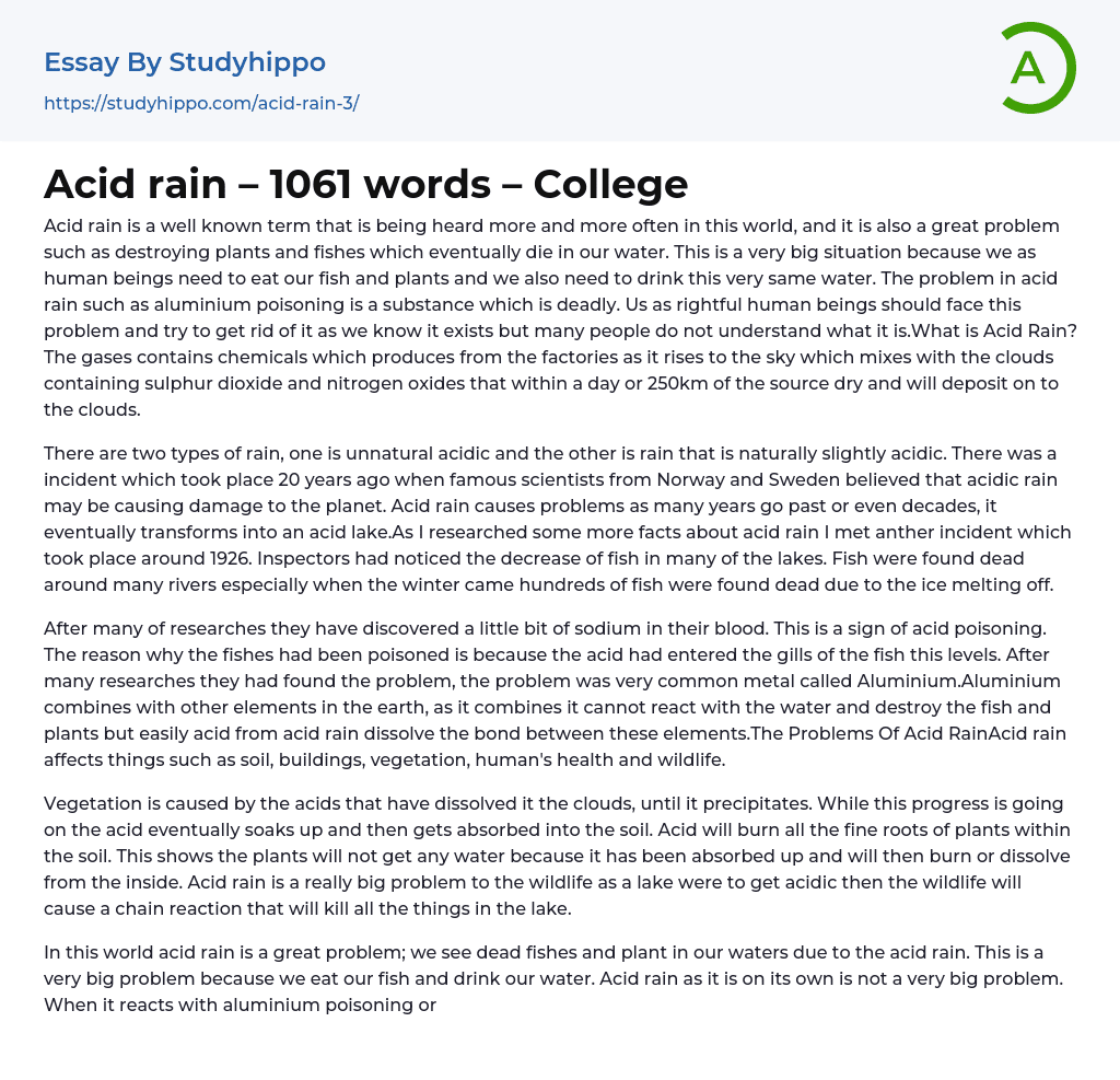 Acid rain – 1061 words – College Essay Example