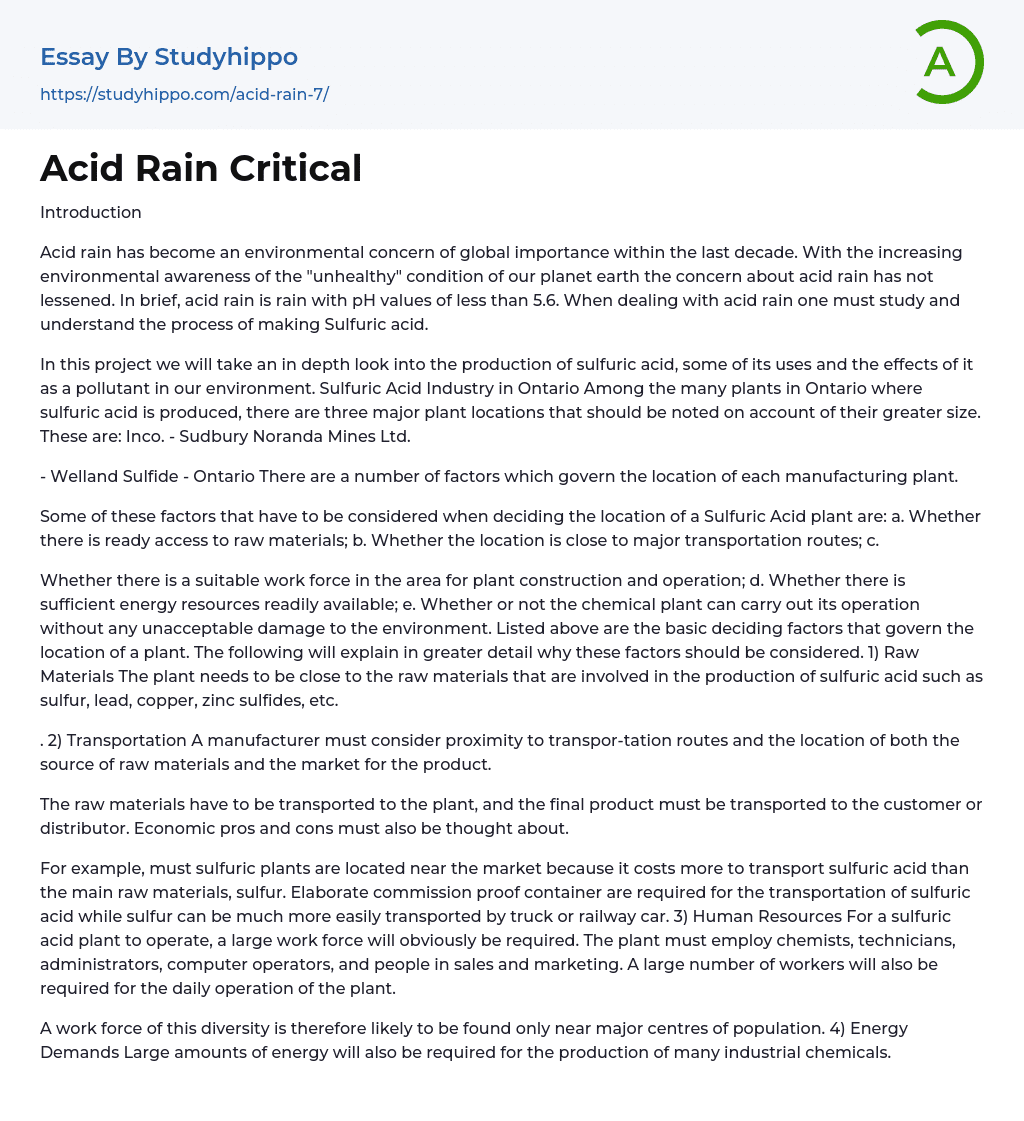 Acid Rain Critical Essay Example
