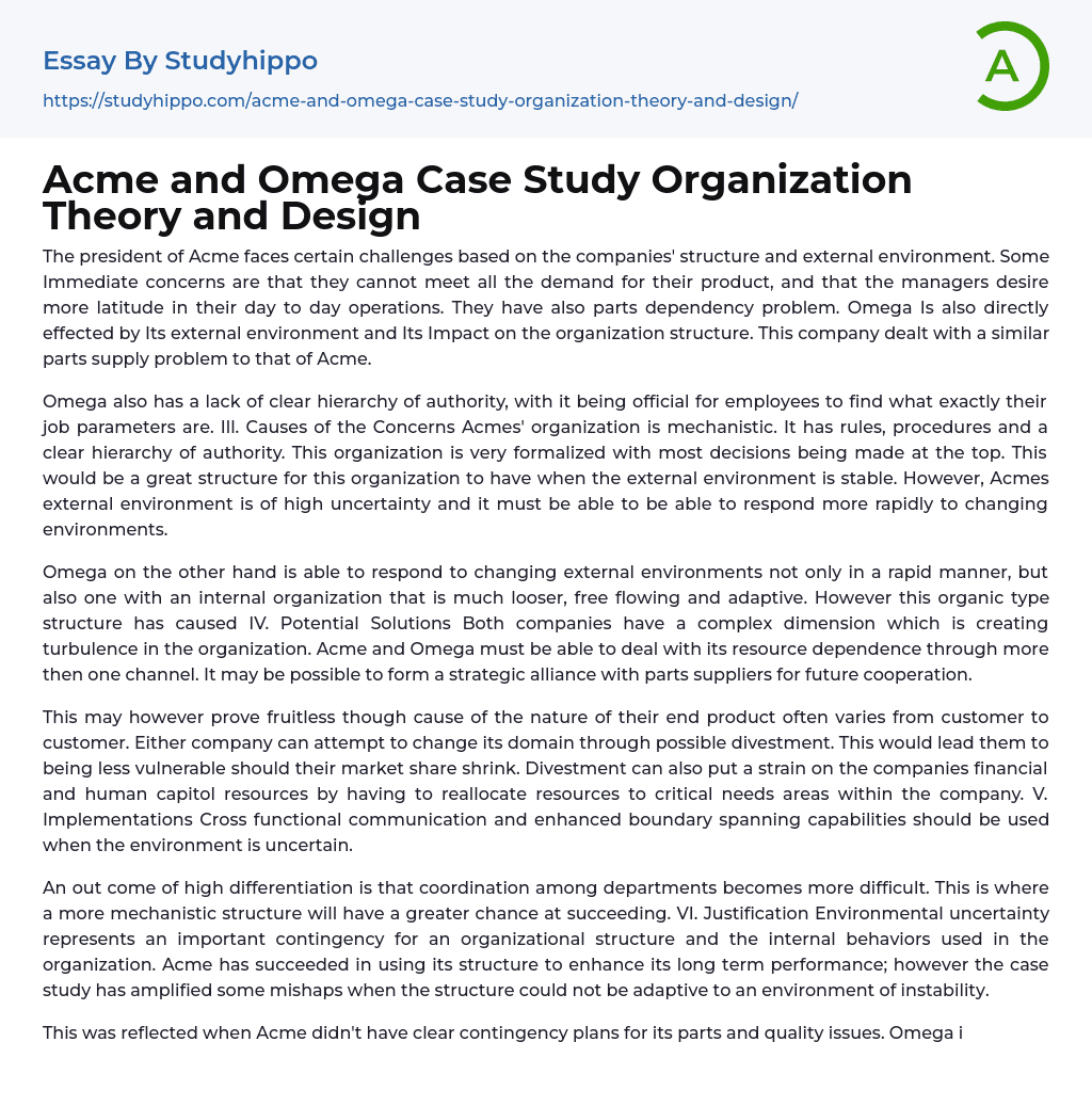 Acme and Omega Case Study Organization Theory and Design Essay Example