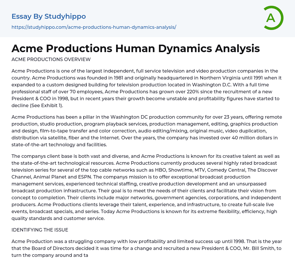 Acme Productions Human Dynamics Analysis Essay Example