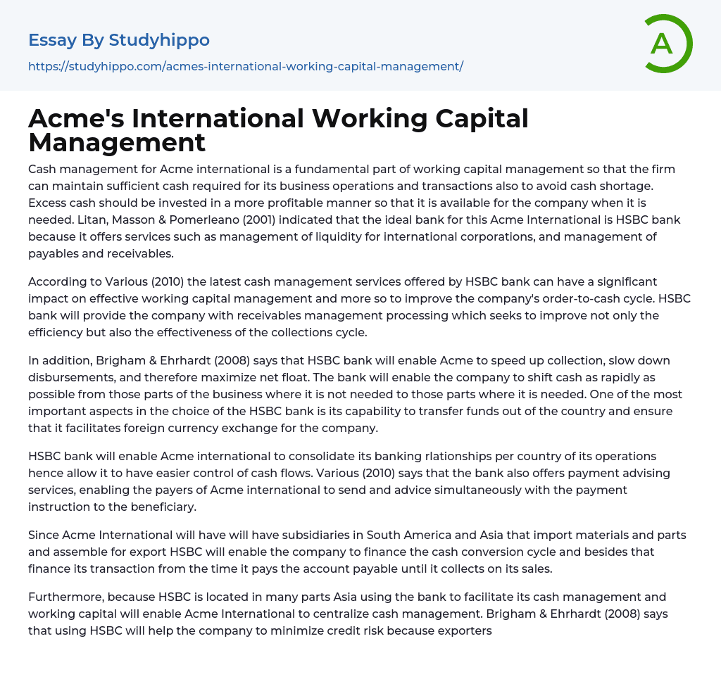 Acme’s International Working Capital Management Essay Example
