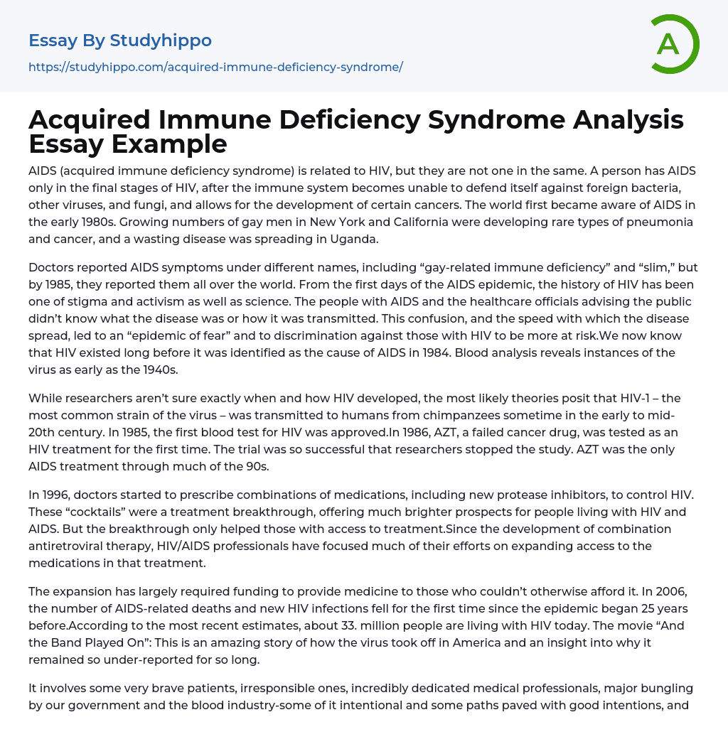 Acquired Immune Deficiency Syndrome Analysis Essay Example