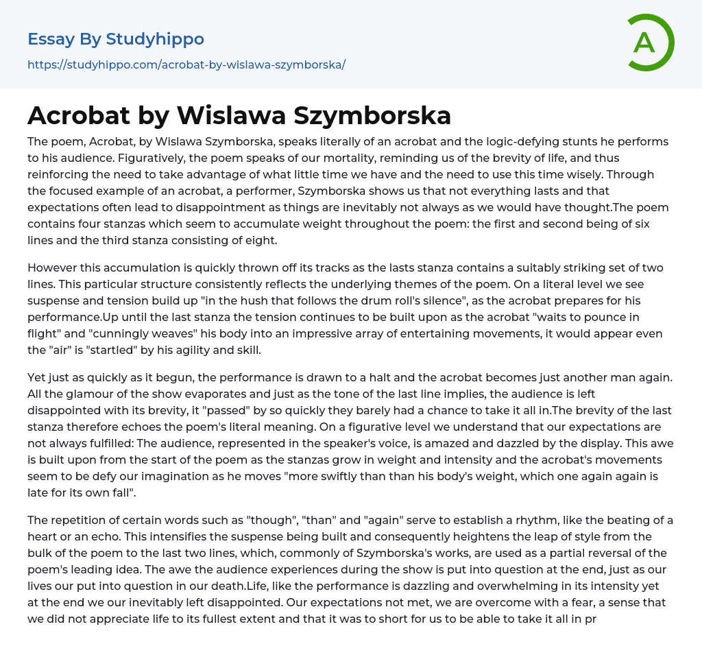 Acrobat by Wislawa Szymborska Essay Example