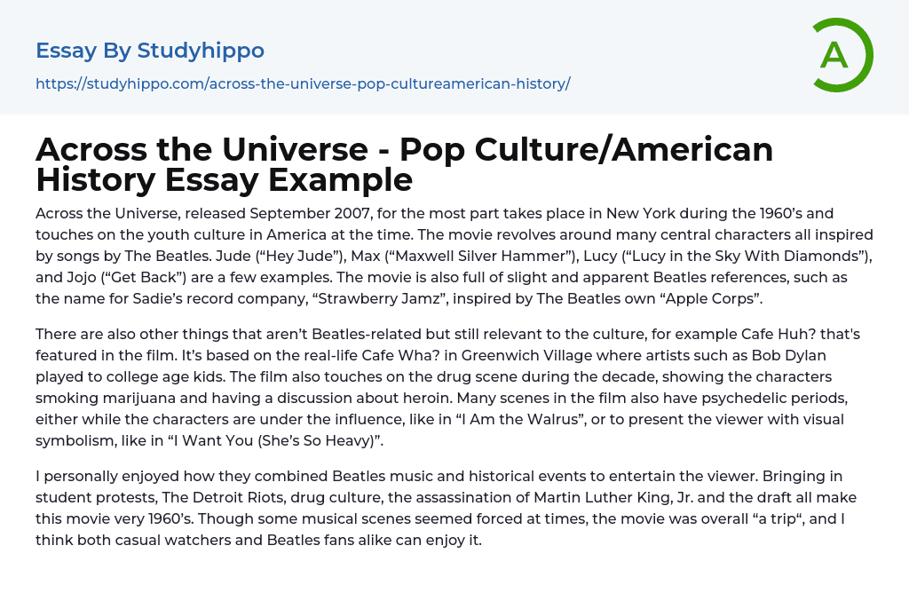 Across the Universe – Pop Culture/American History Essay Example