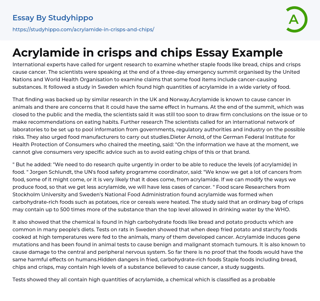 Acrylamide in crisps and chips Essay Example