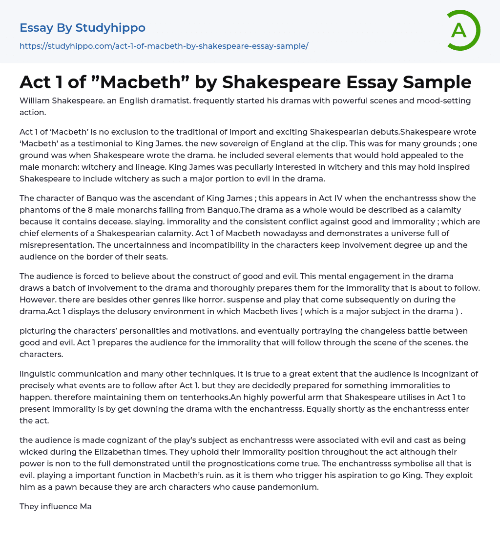 Act 1 of ”Macbeth” by Shakespeare Essay Sample