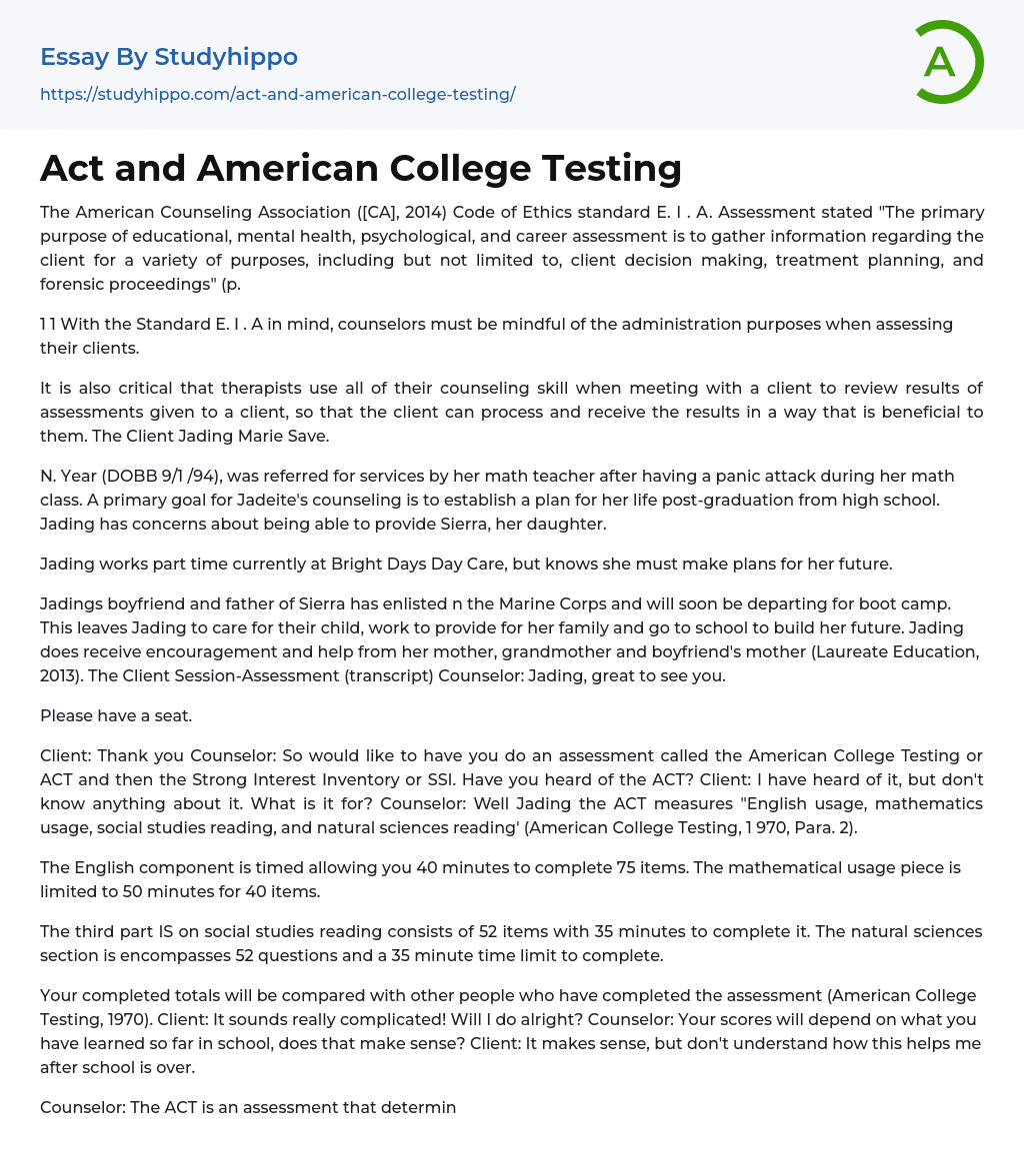 Act and American College Testing Essay Example