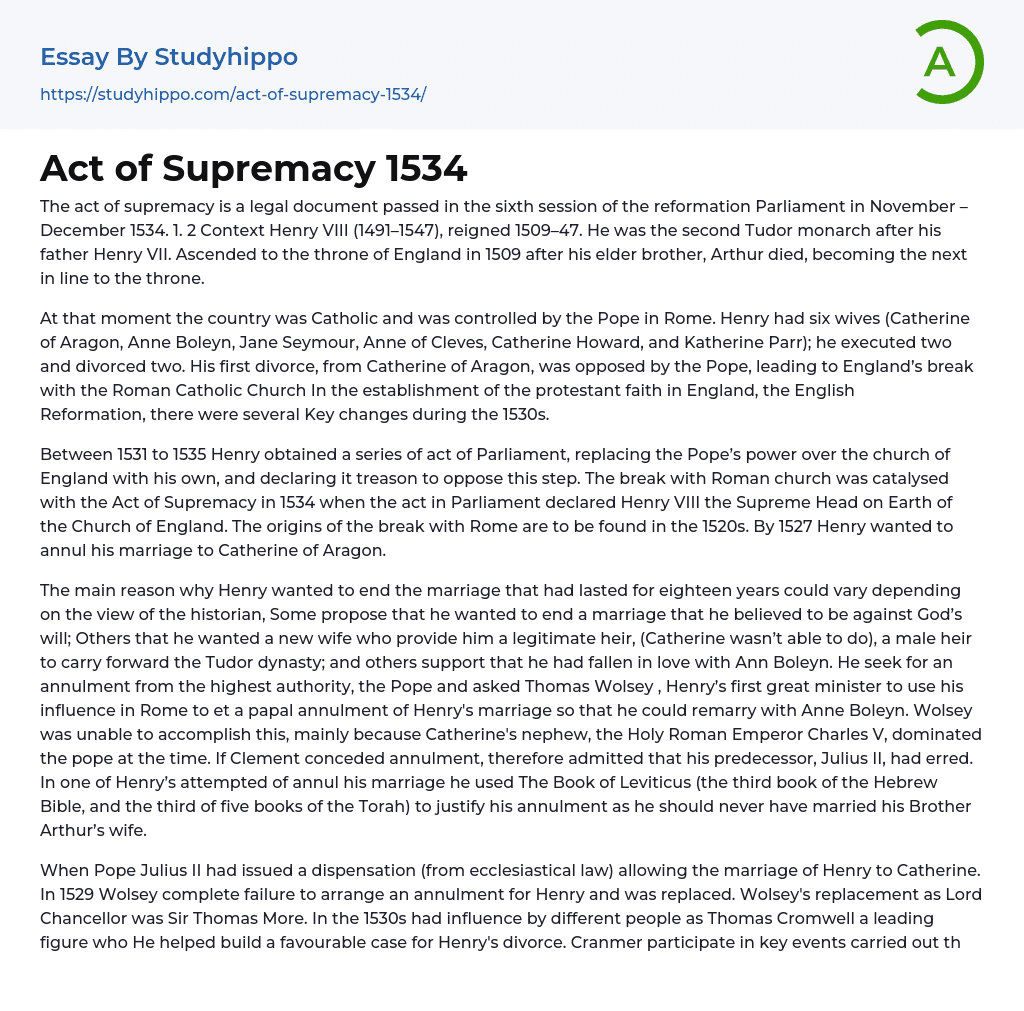 Act of Supremacy 1534 Essay Example