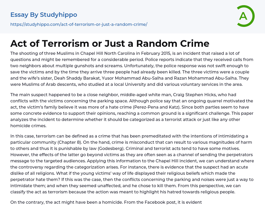 Act of Terrorism or Just a Random Crime Essay Example