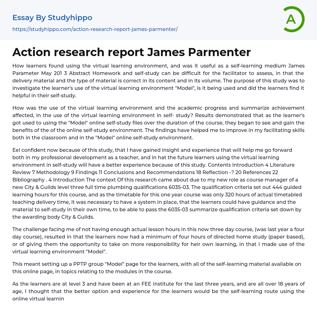 Action research report James Parmenter Essay Example