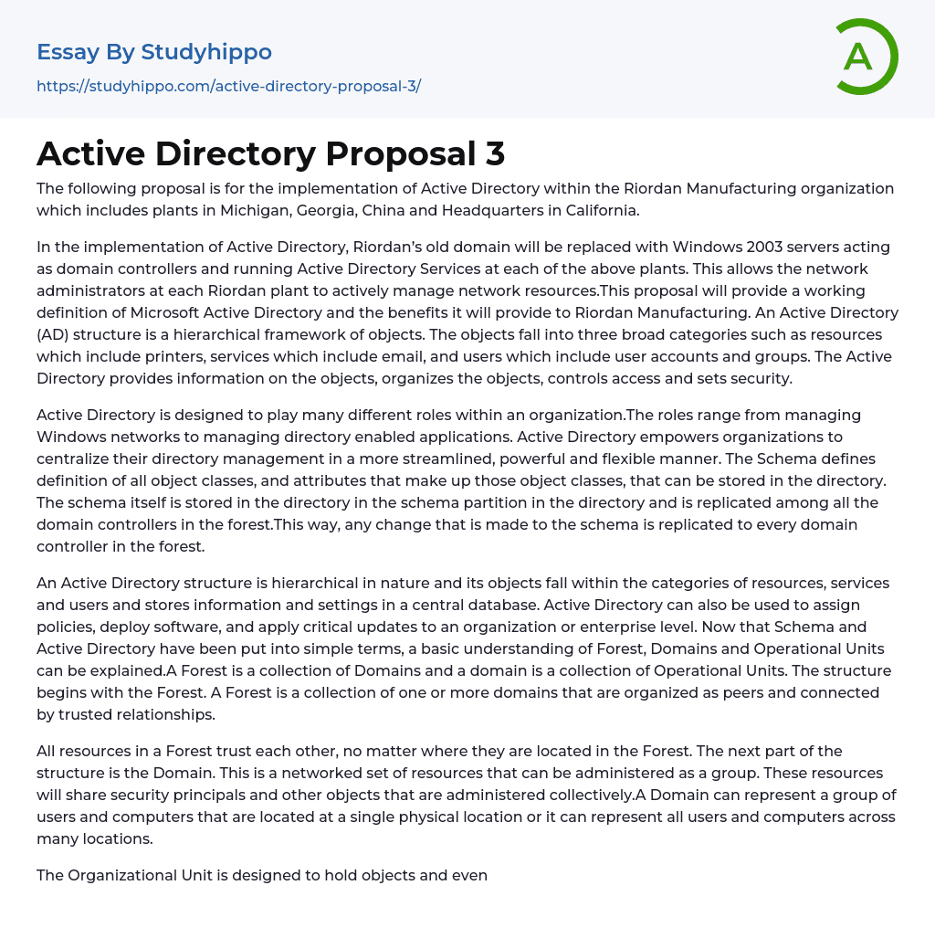Active Directory Proposal 3 Essay Example