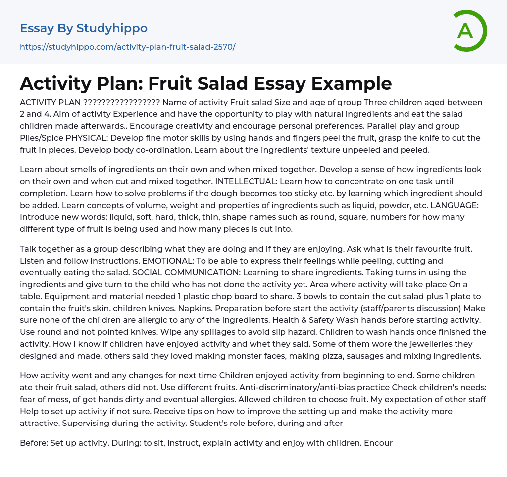 Activity Plan: Fruit Salad Essay Example