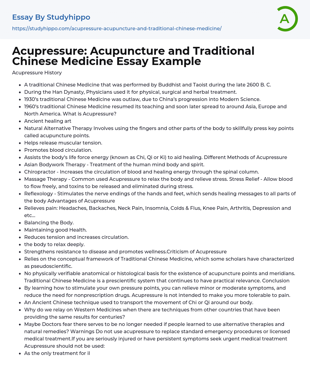 Acupressure: Acupuncture and Traditional Chinese Medicine Essay Example