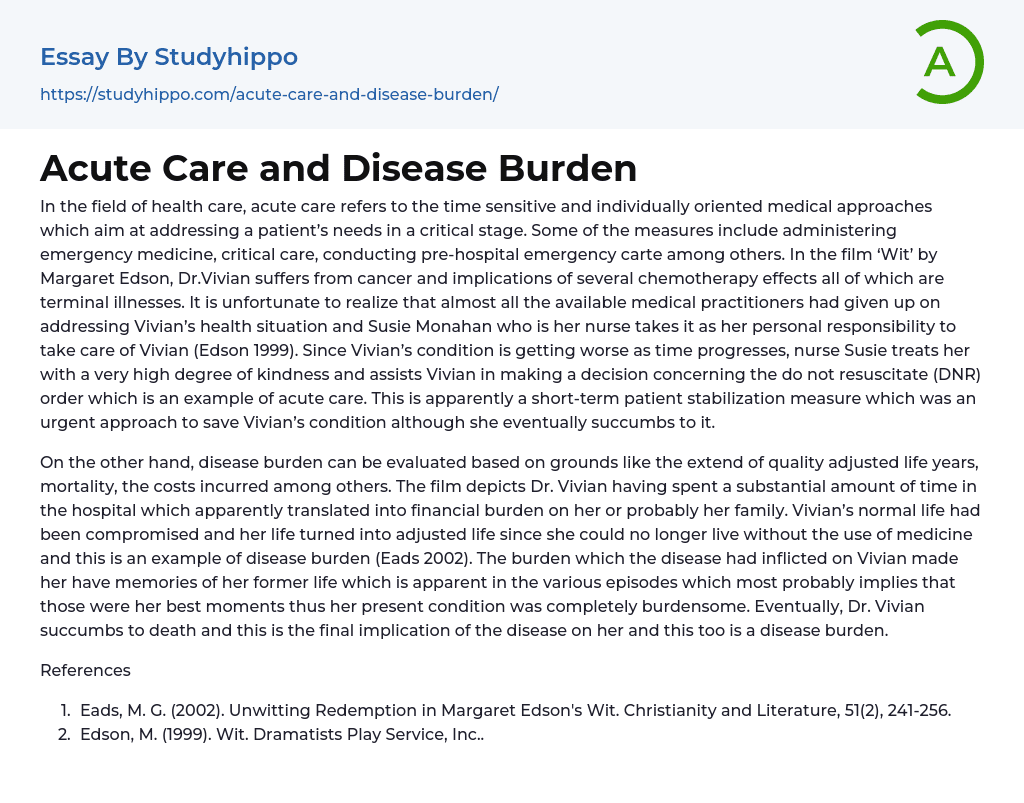 Acute Care and Disease Burden Essay Example