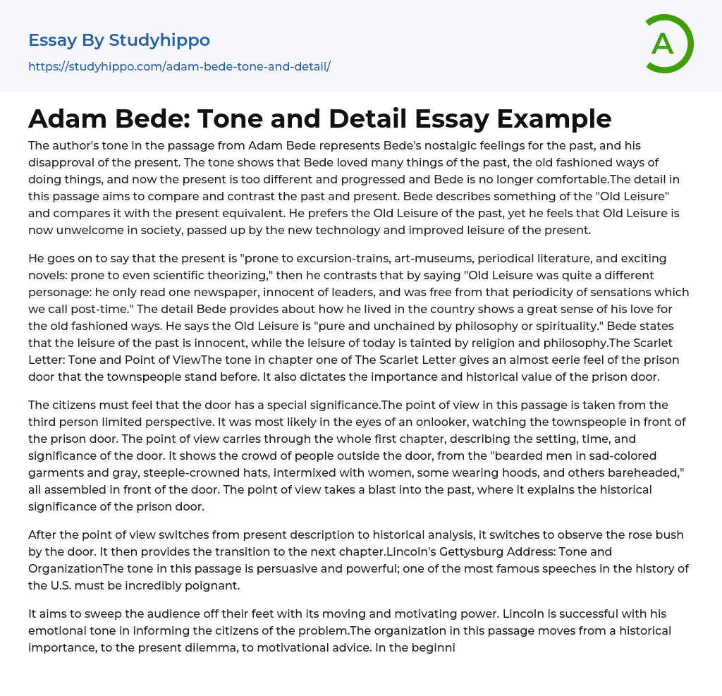 Adam Bede: Tone and Detail Essay Example