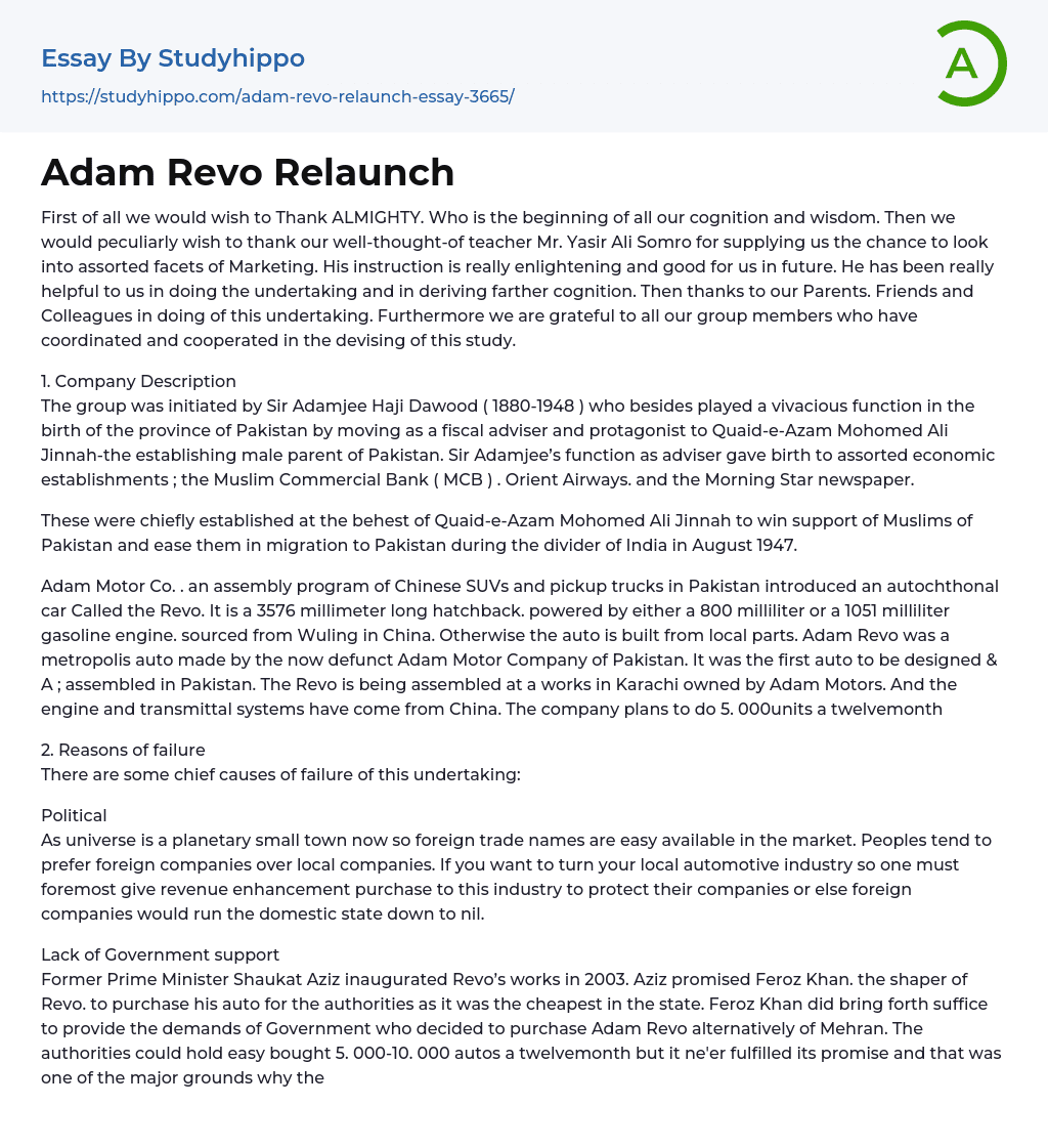 Adam Revo Relaunch Essay Example