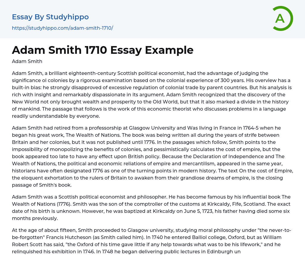 Adam Smith 1710 Essay Example