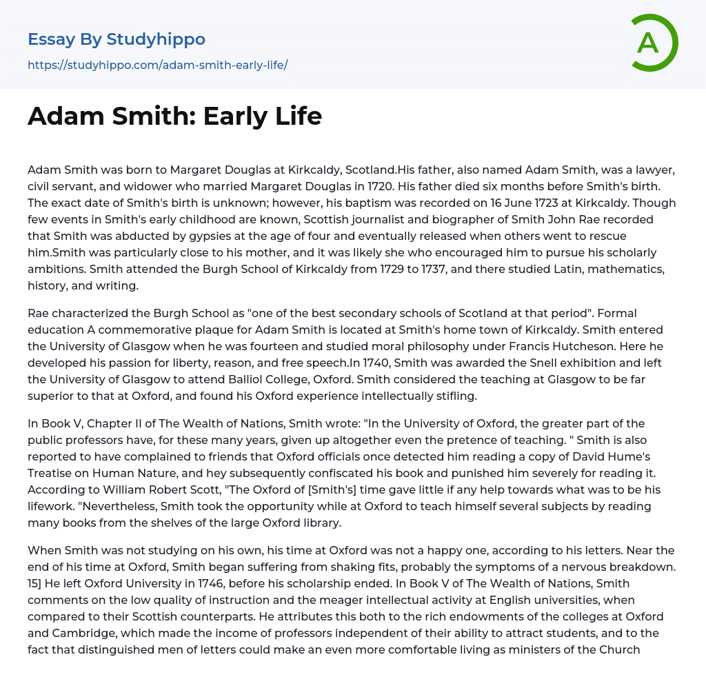 Adam Smith: Early Life Essay Example