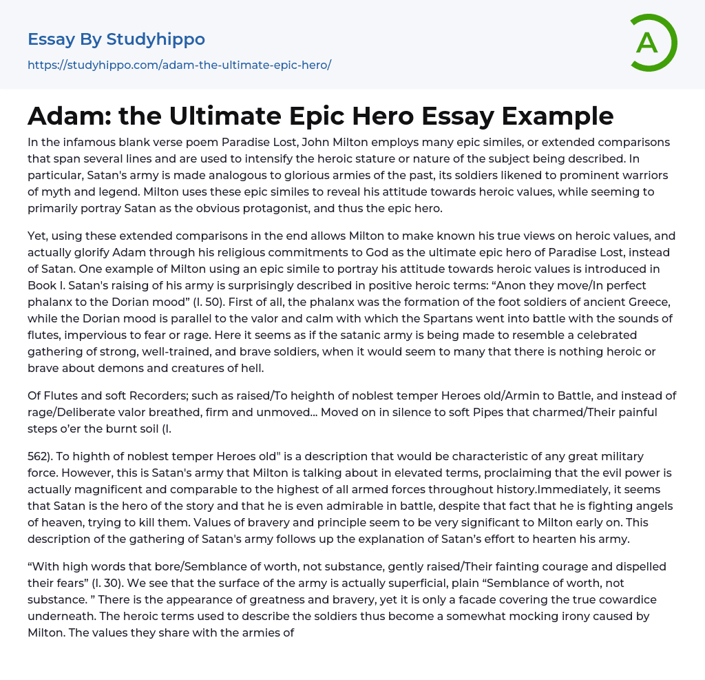 Adam: the Ultimate Epic Hero Essay Example