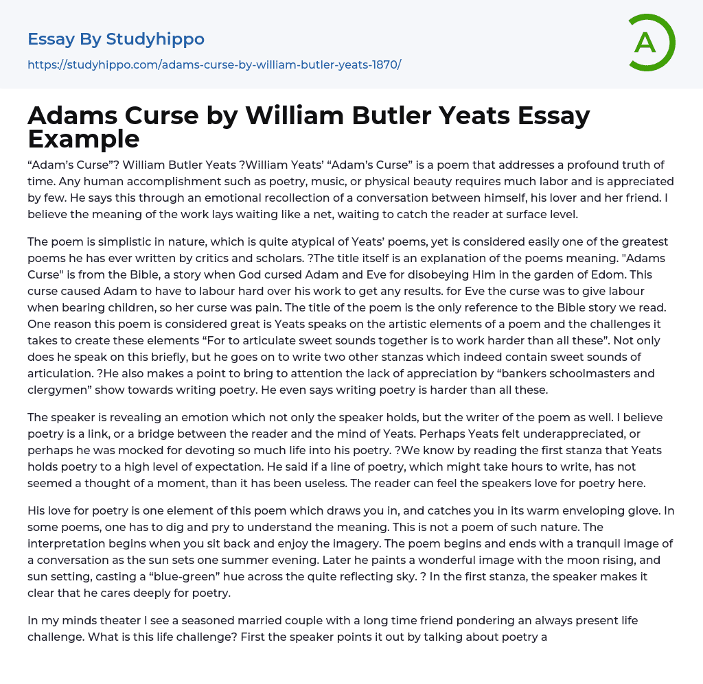 Adams Curse by William Butler Yeats Essay Example