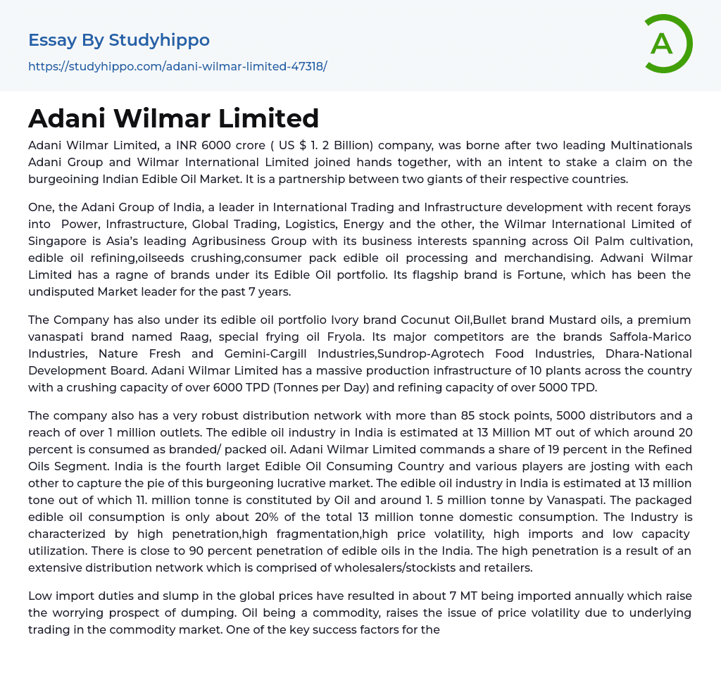 Adani Wilmar Limited Essay Example