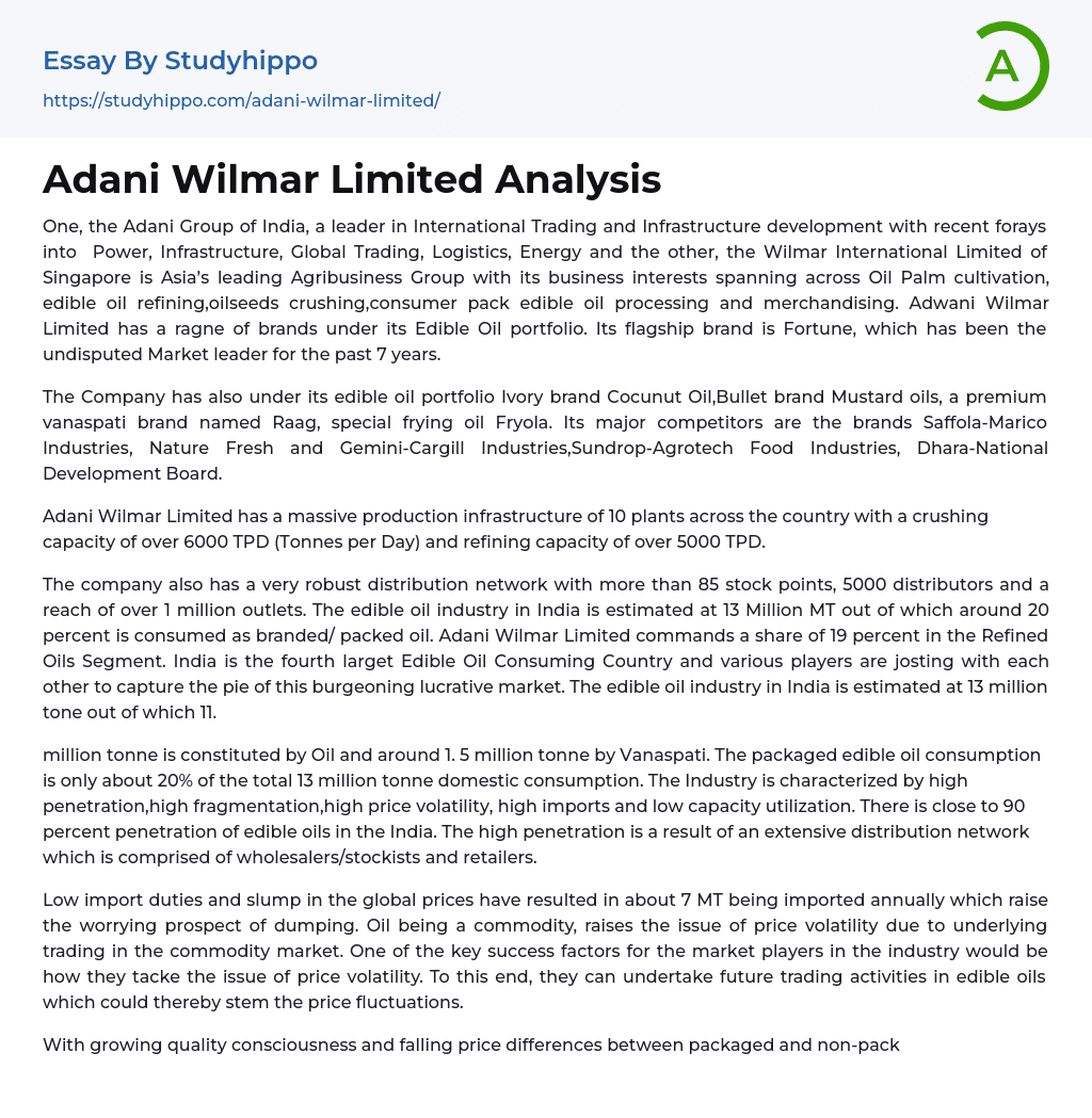 Adani Wilmar Limited Analysis Essay Example