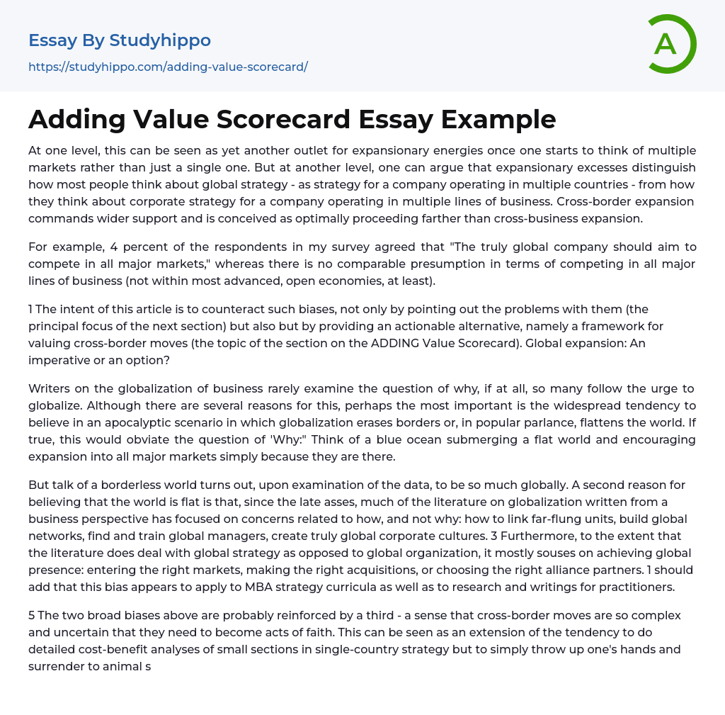 Adding Value Scorecard Essay Example