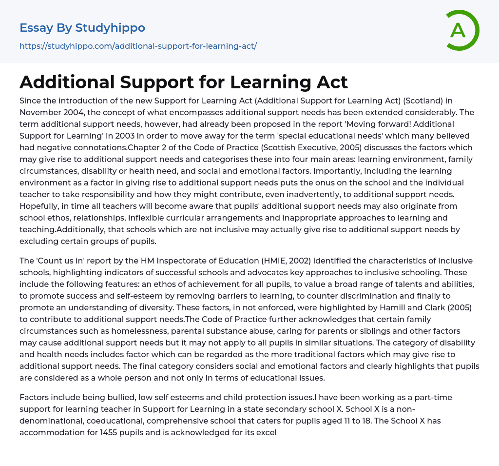 Additional Support for Learning Act Essay Example