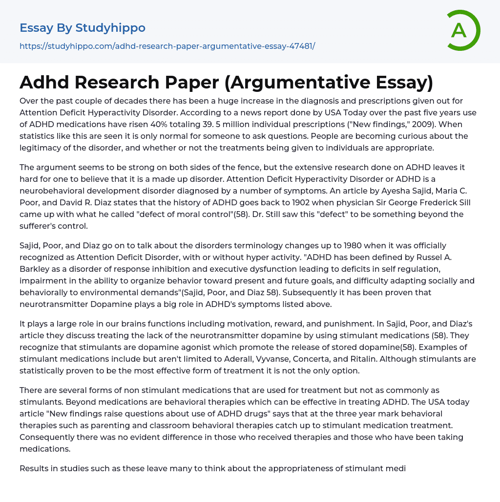 Adhd Research Paper (Argumentative Essay)