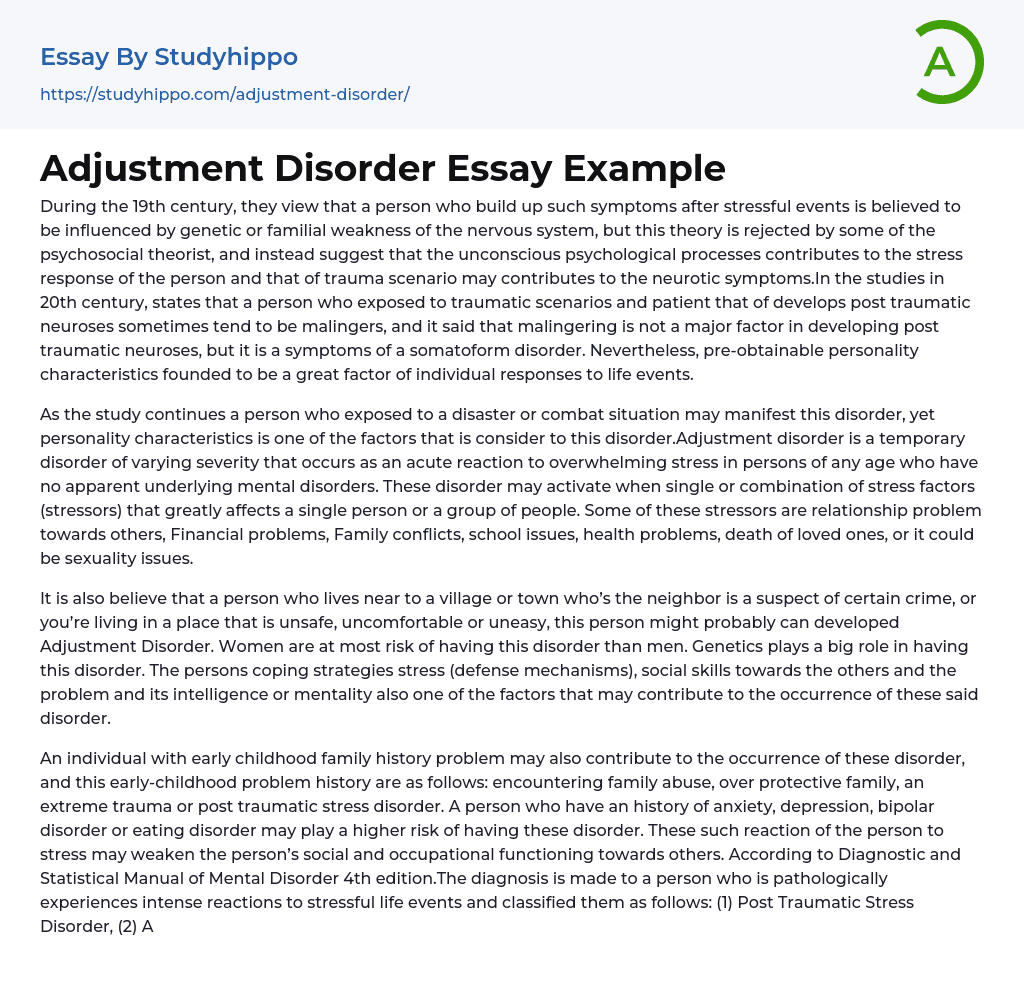 Adjustment Disorder Essay Example