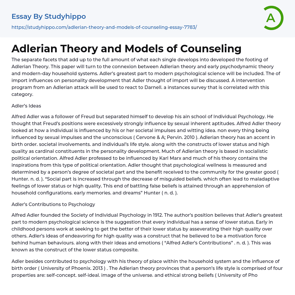 Adlerian Theory and Models of Counseling Essay Example