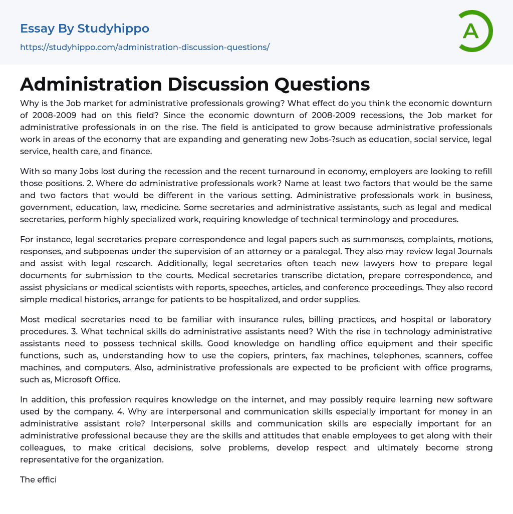 Administration Discussion Questions Essay Example