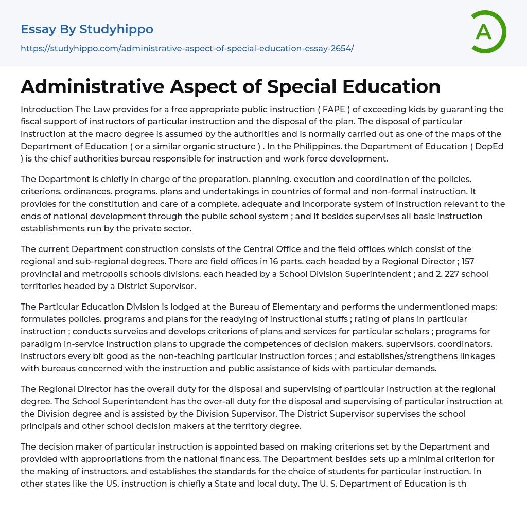 Administrative Aspect of Special Education Essay Example