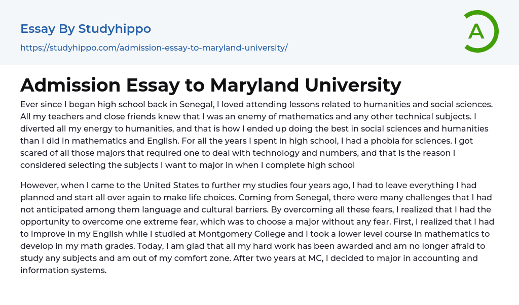 Admission Essay to Maryland University