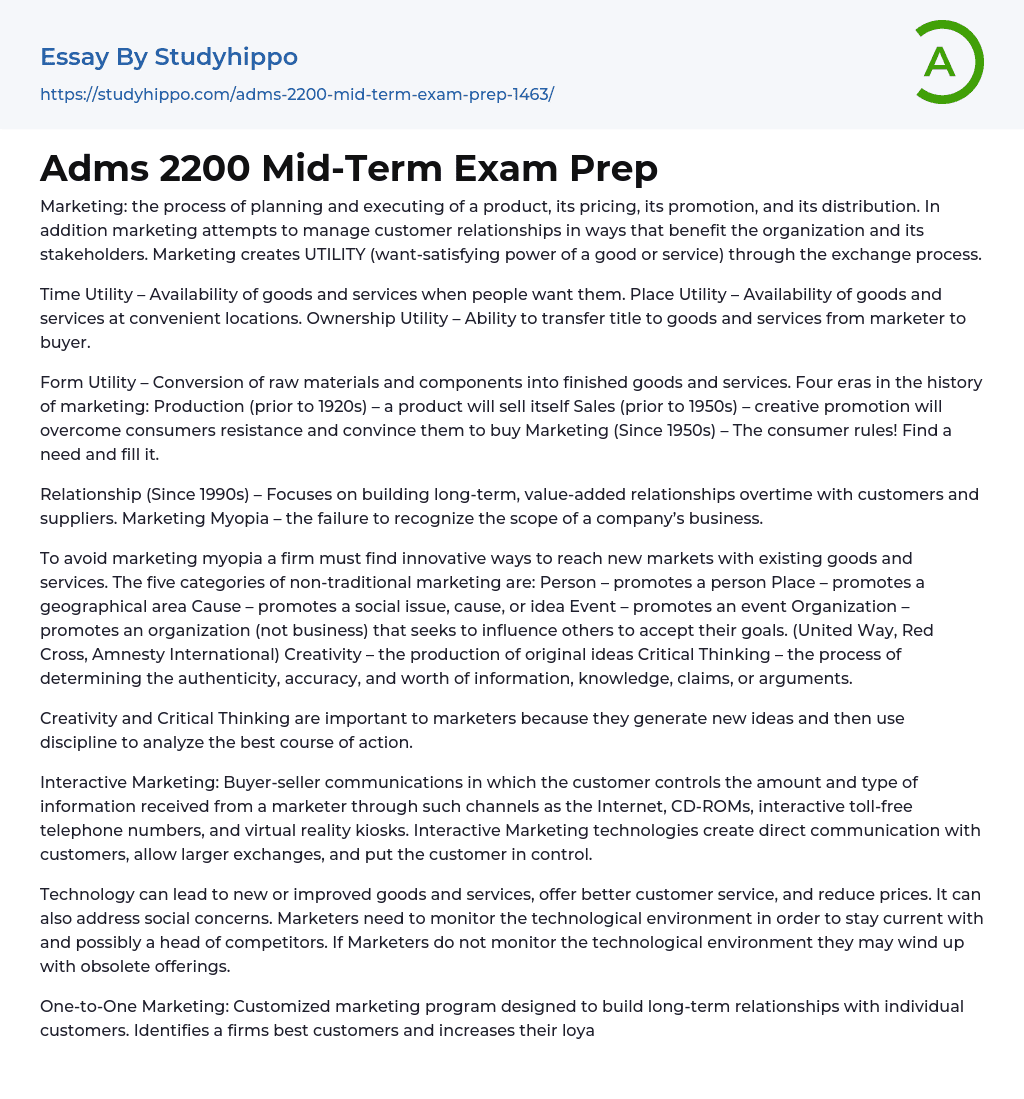 Adms 2200 Mid-Term Exam Prep Essay Example