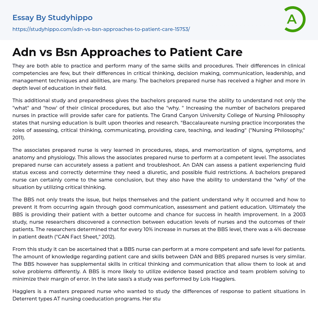 Adn vs Bsn Approaches to Patient Care Essay Example