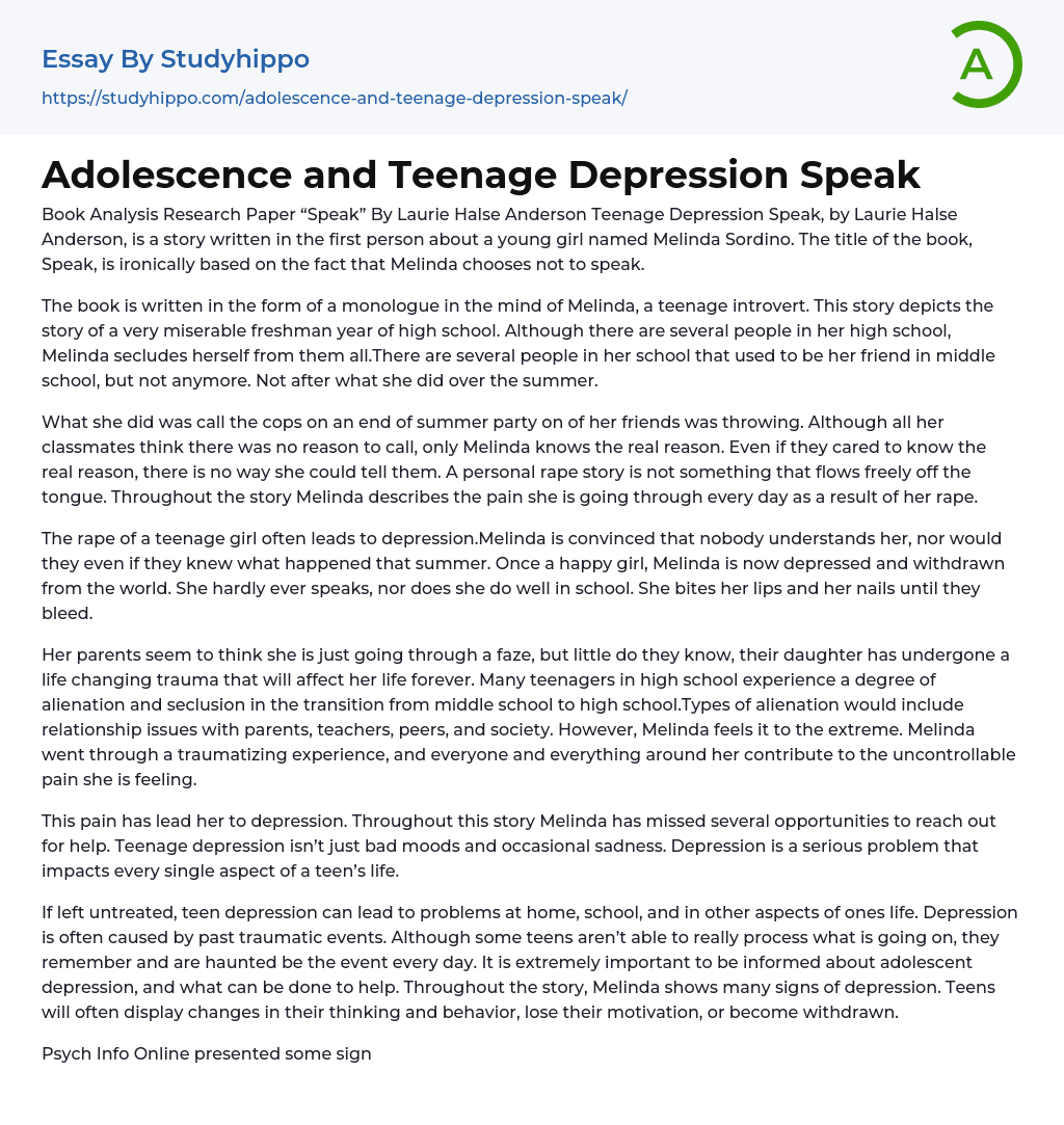 Adolescence and Teenage Depression Speak Essay Example