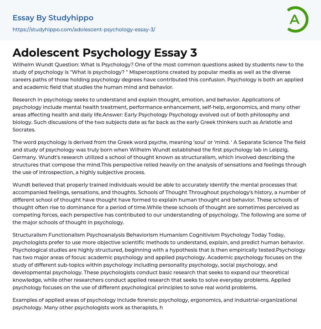 Adolescent Psychology Essay 3