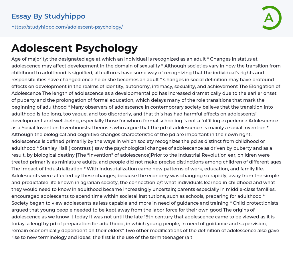Adolescent Psychology Essay Example