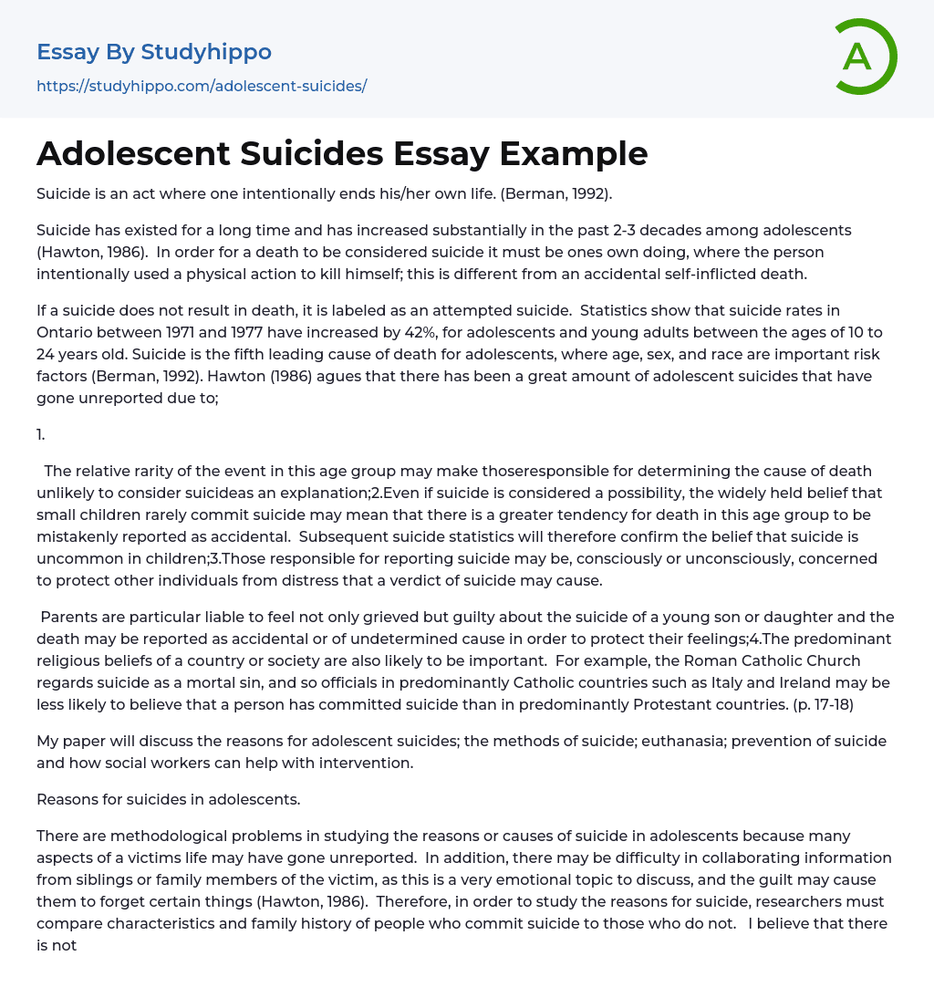 Adolescent Suicides Essay Example