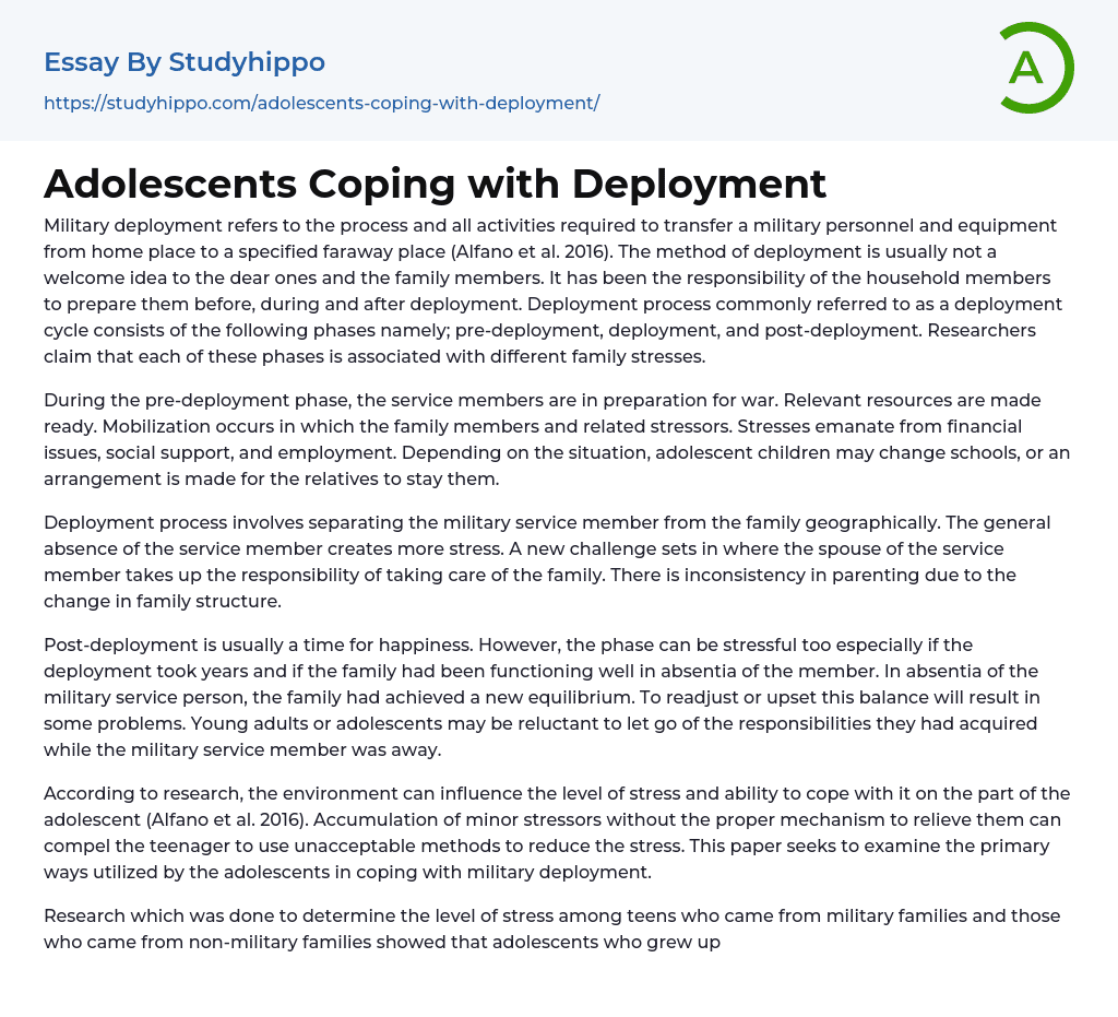 Adolescents Coping with Deployment Essay Example