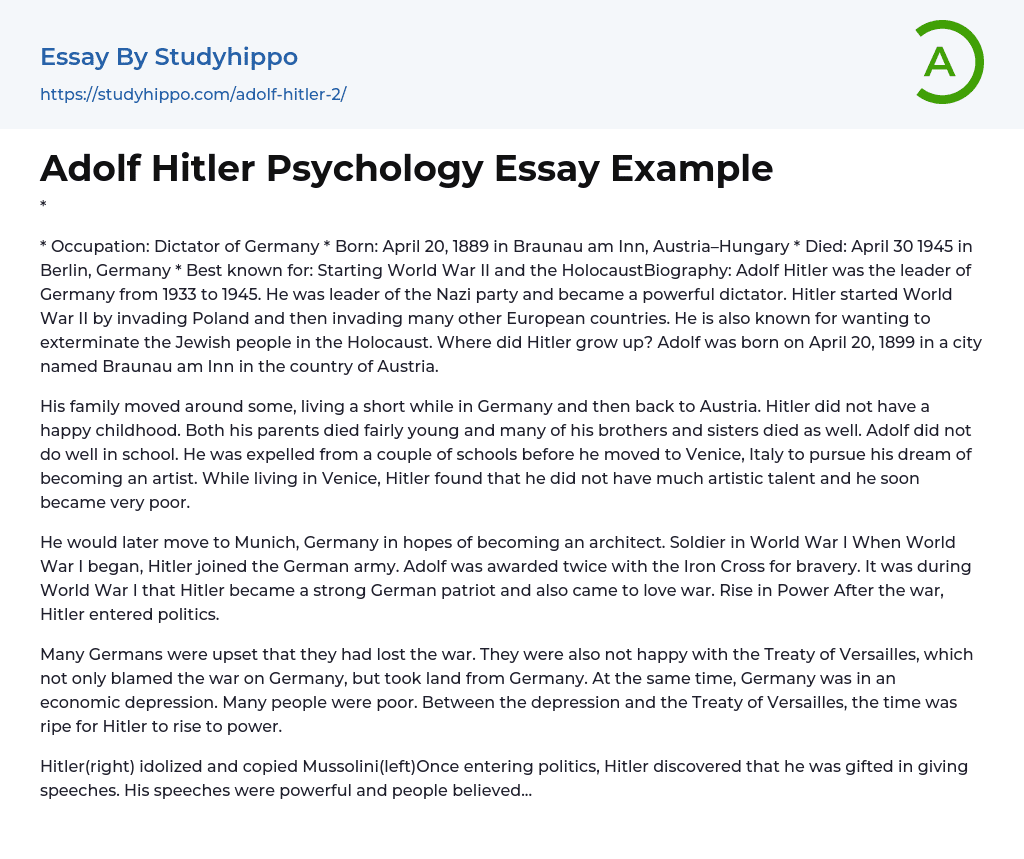 Adolf Hitler Psychology Essay Example