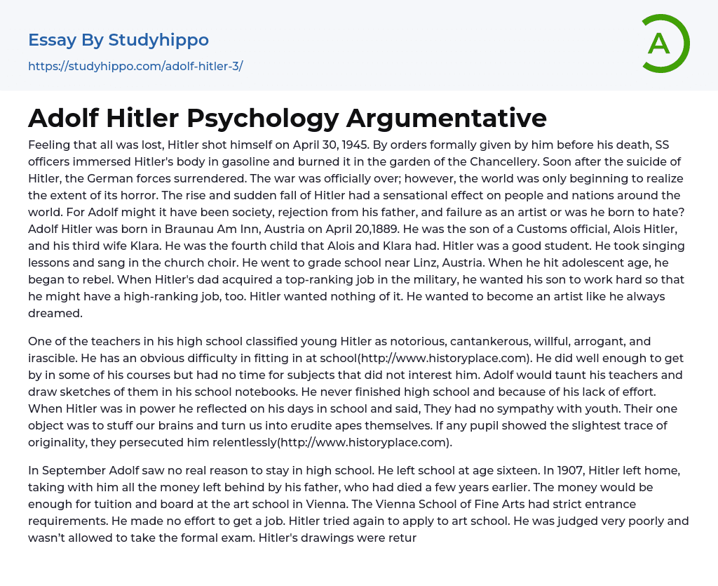 Adolf Hitler Psychology Argumentative Essay Example