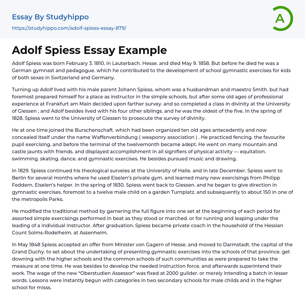 Adolf Spiess Essay Example