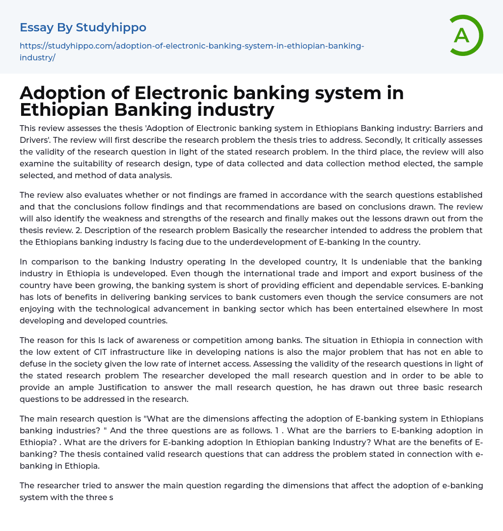 Adoption of Electronic banking system in Ethiopian Banking industry Essay Example