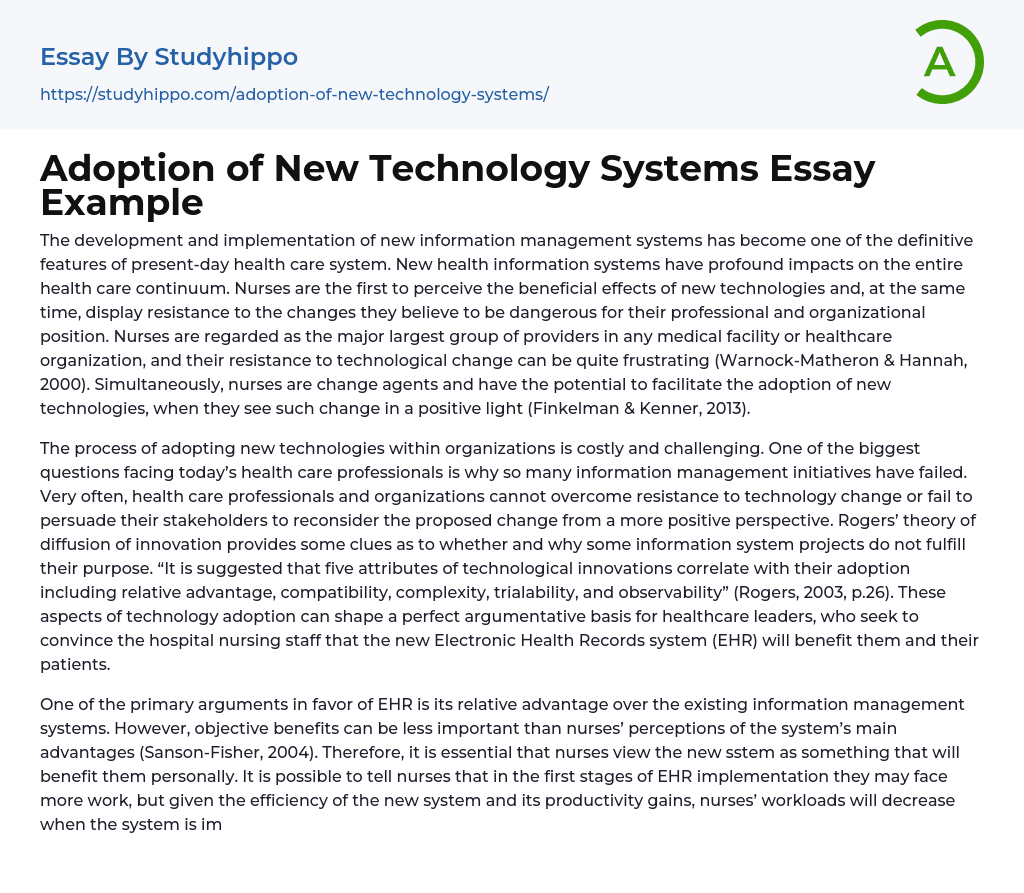 Adoption of New Technology Systems Essay Example
