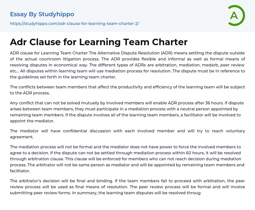 Adr Clause for Learning Team Charter Essay Example
