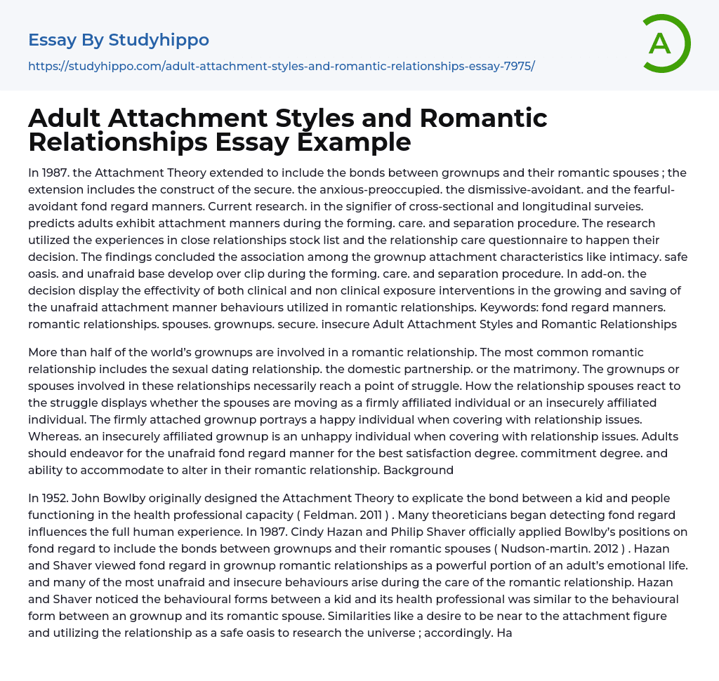 Adult Attachment Styles and Romantic Relationships Essay Example